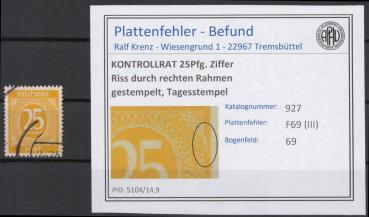 KONTROLLRAT_1945_PLATTENFEHLER_Nr_927_III_gestempelt_Bild1