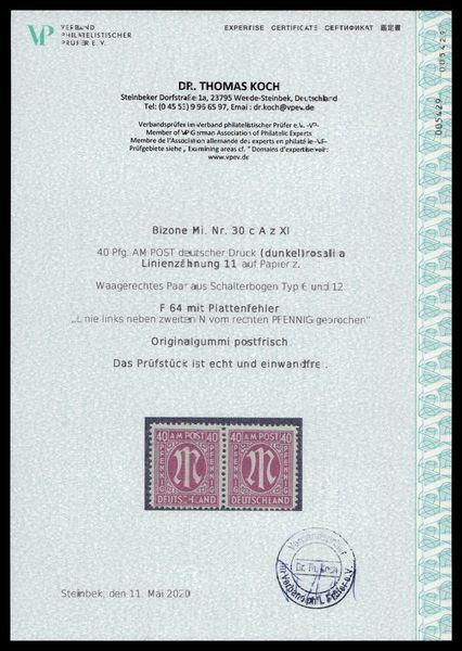 BIZONE_1945_PLATTENFEHLER_Nr_30cAz_F64_postfrisch_Bild2