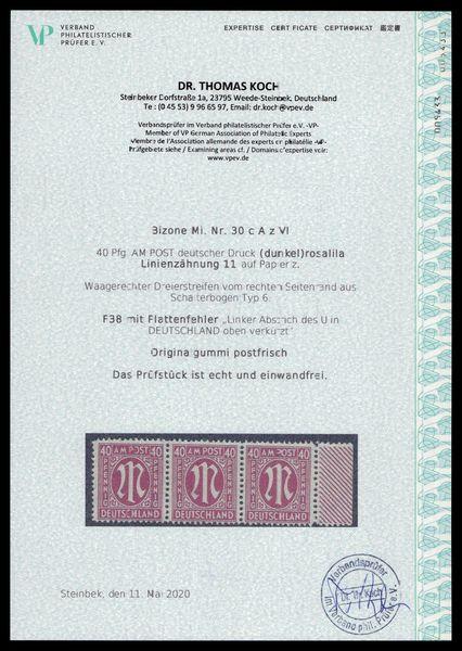 BIZONE_1945_PLATTENFEHLER_Nr_30cAz_F38_VI_postfrisch_Bild2