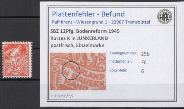 SBZ_1945_PLATTENFEHLER_Nr_25b_F6_postfrisch_Bild1