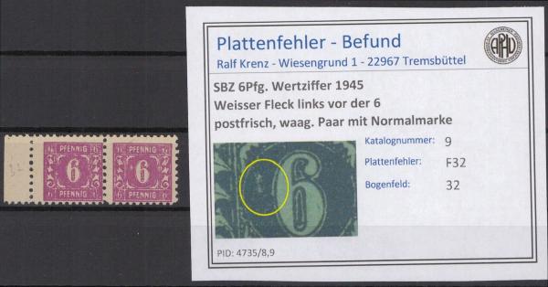 SBZ_1945_PLATTENFEHLER_Nr_9_F32_postfrisch_Bild1