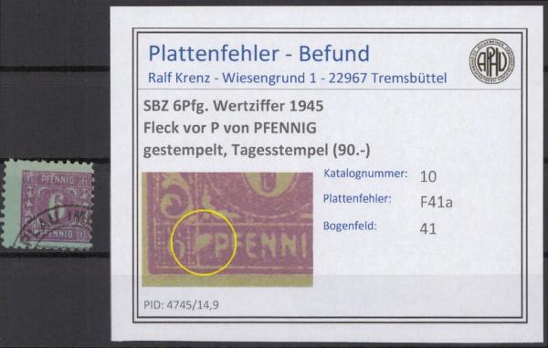 SBZ_1945_PLATTENFEHLER_Nr_10_F41a_gestempelt_Bild1