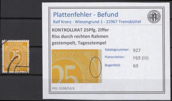 KONTROLLRAT_1945_PLATTENFEHLER_Nr_927_III_gestempelt_Bild1