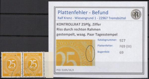 KONTROLLRAT_1945_PLATTENFEHLER_Nr_927_III_gestempelt_Bild1