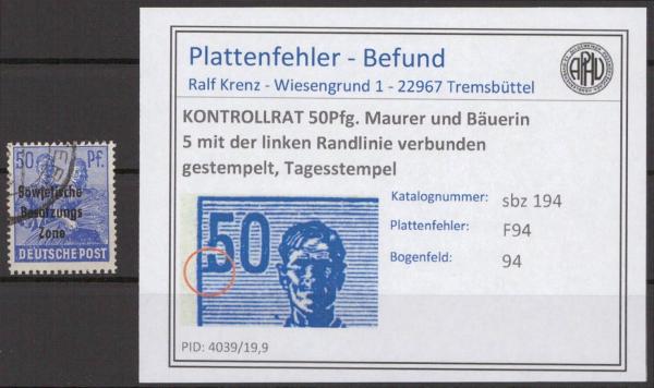 SBZ_1945_PLATTENFEHLER_Nr_194_F94_gestempelt_Bild1